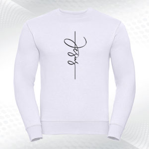 biała bluza z pionowym napisem jesus