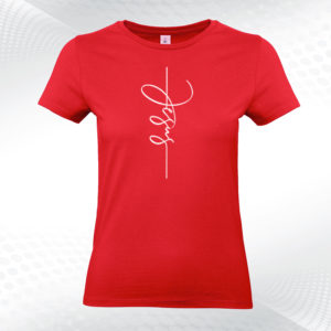 czerwona koszulka damska z pionowym napisem jesus