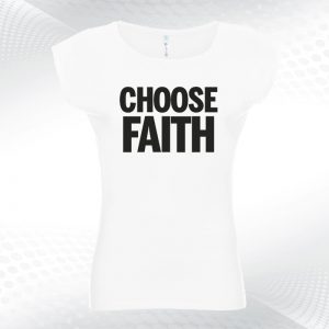 biała damska koszulka z dekoltem choose faith